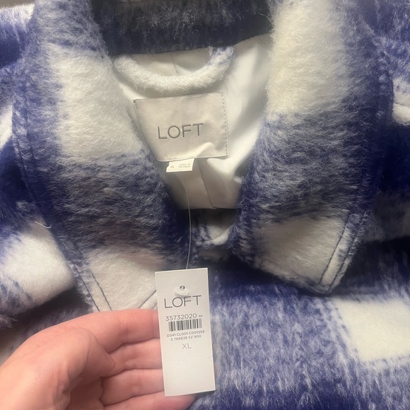 NWT LOFT brushed long shirt jacket plaid blue and white - Picture 6 of 7